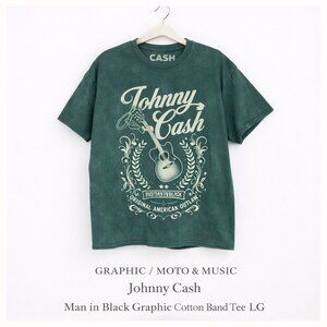 Johnny Cash Man in Black Graphic T-Shirt Green Cotton Band Tee LG